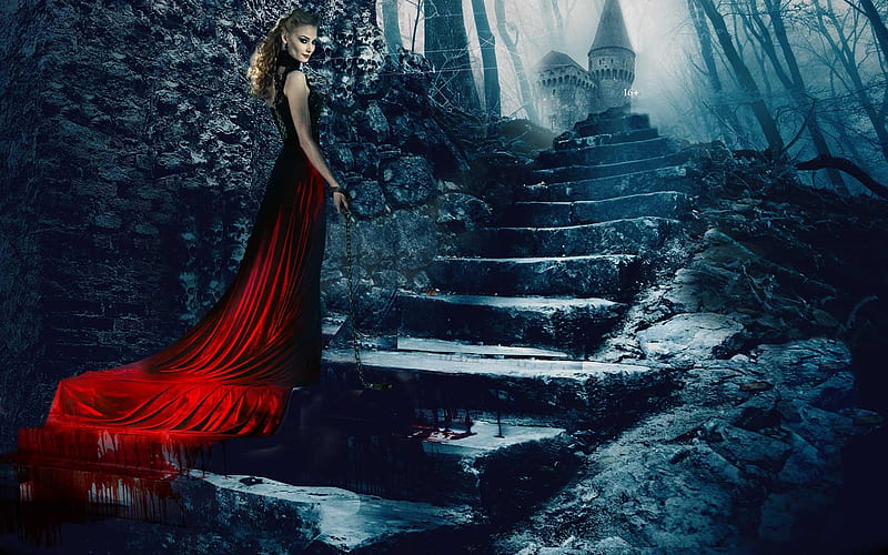 Bathory, red, fantasy, girl, halloween, svetlana khodchenkova, castle, blue, vampire, HD wallpaper