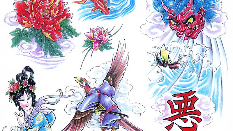 Artistic Asian Girl Flower Ship Tattoo Trippy, HD wallpaper