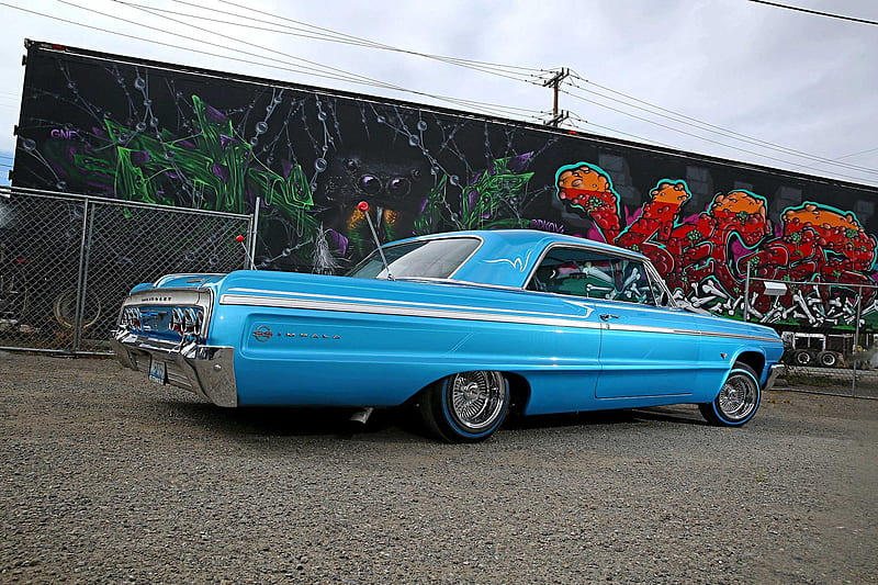 1964-Chevrolet-Impala, Classic, GM, Blue, Bowtie, Lowrider, HD wallpaper