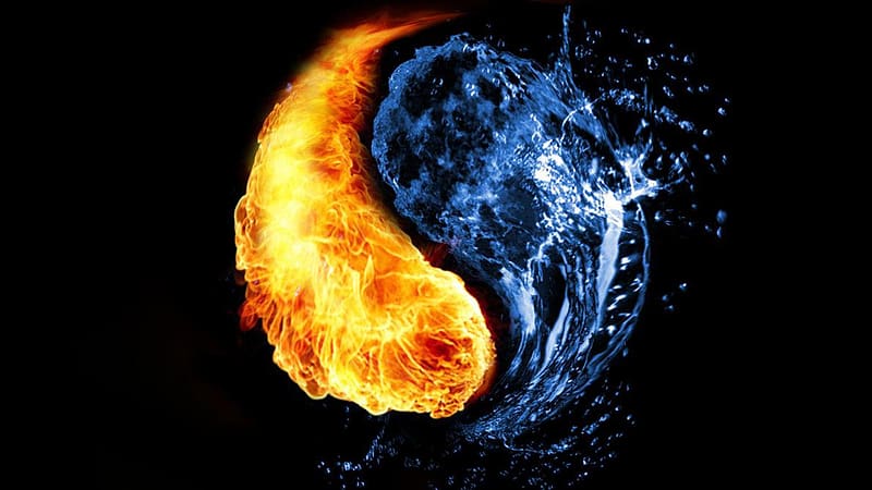 Yin Yang, blue, black, fantasy, wayer, fire, orange, water, HD wallpaper