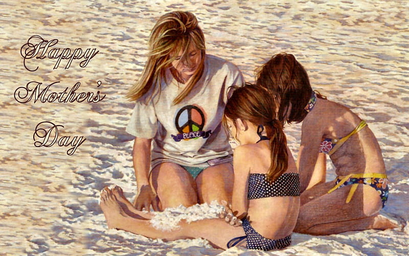 Fun at the Beach 1, art, sun, mother, Mothers Day, artwork, beach, sand, painting, daughters, wide screen, seascape, scenery, HD wallpaper