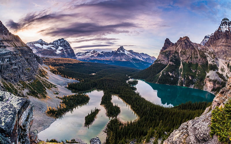 Rocky mountains, mountain landscape, winter, forest, Canada, sunset, HD wallpaper
