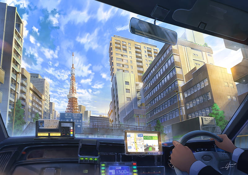 anime city, buildings, sunlight, tokyo tower, urban, Anime, HD wallpaper