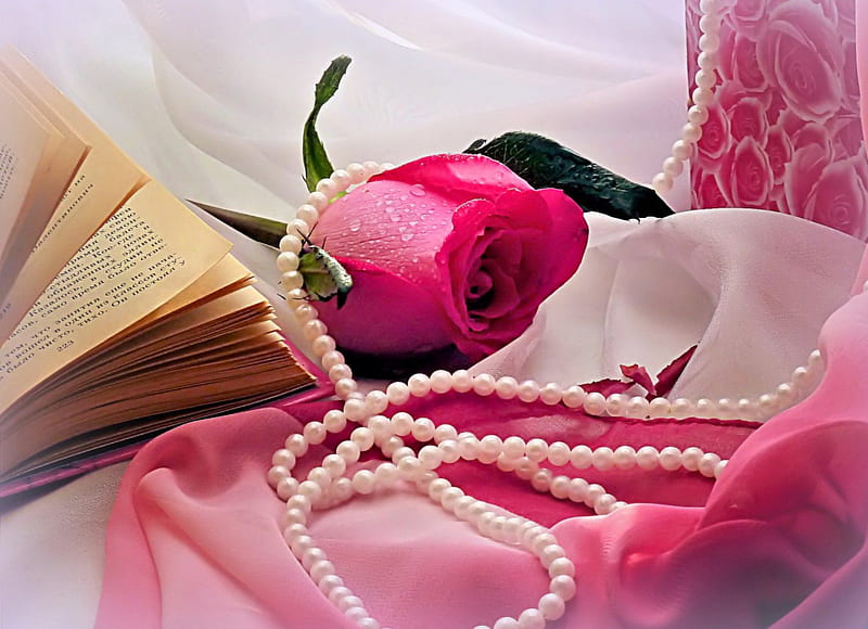 Rose and pearls, pretty, lovely, rose, book, scent, bonito, fragrance, still life, flower, pearls, pink, HD wallpaper