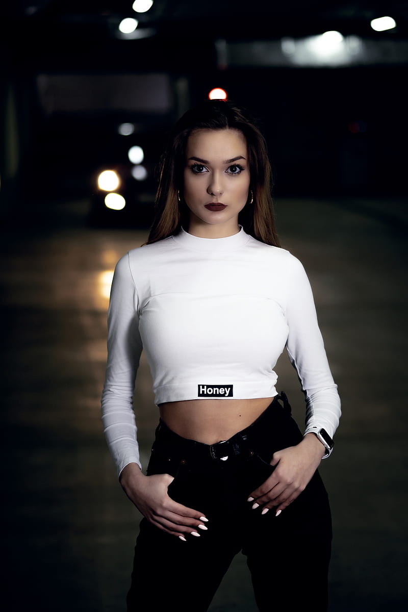 women, model, brunette, dark hair, long hair, straight hair, lipstick, dark lipstick, makeup, long nails, painted nails, white nails, pants, black pants, vertical, standing, looking at viewer, white tops, crop top, white clothing, tight clothing, bare midriff, belly, dark eyes, mascara, high waisted, HD phone wallpaper