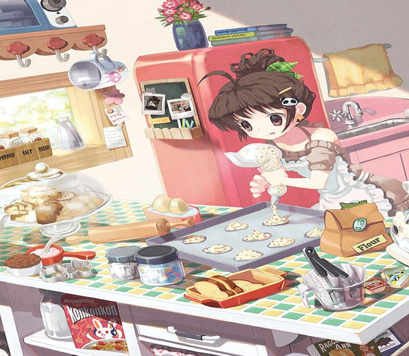 Cooking, cute, cookie, girl, orginal, kitchen, sweet, HD wallpaper