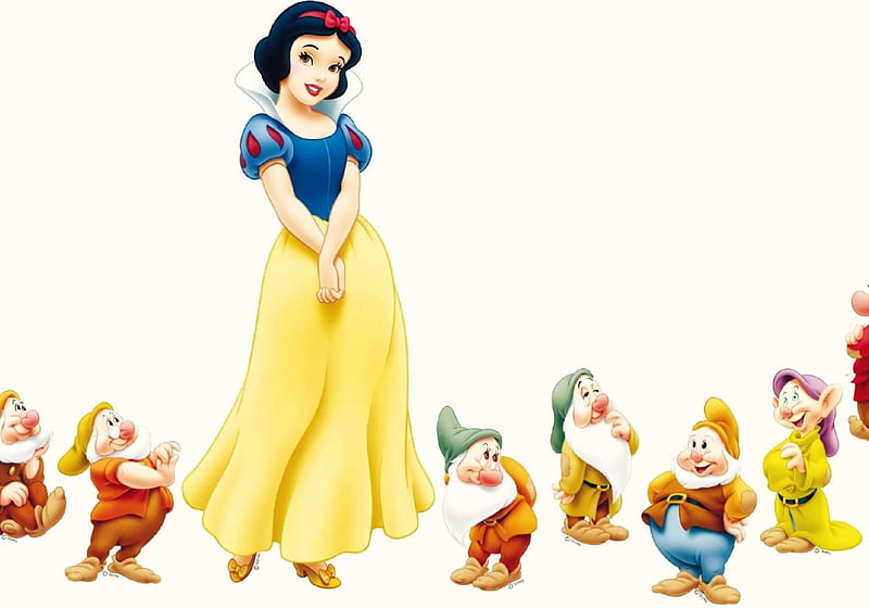 Snow white and the Seven Dwarfs, red, movie, snow white, yellow, cute, fantasy, girl, seven, white, princess, dwarf, disney, blue, HD wallpaper