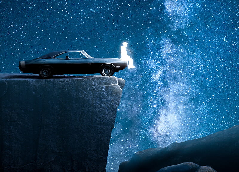 :), sky, stars, rock, luminos, man, silhouette, fantasy, ghost, stone, car, dmitriy-ku, white, night, blue, HD wallpaper