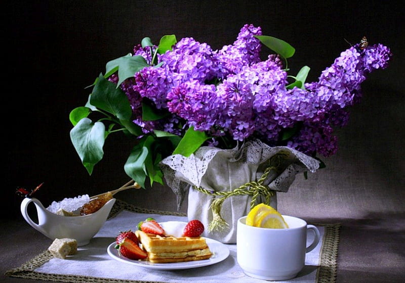 Teatime and flowers of spring, cake, red, strawberry, fruits, yellow, bonito, tea, still life, graphy, flowers, time, colors, spring, lilacs, abstract, lemon, purple, cup, HD wallpaper