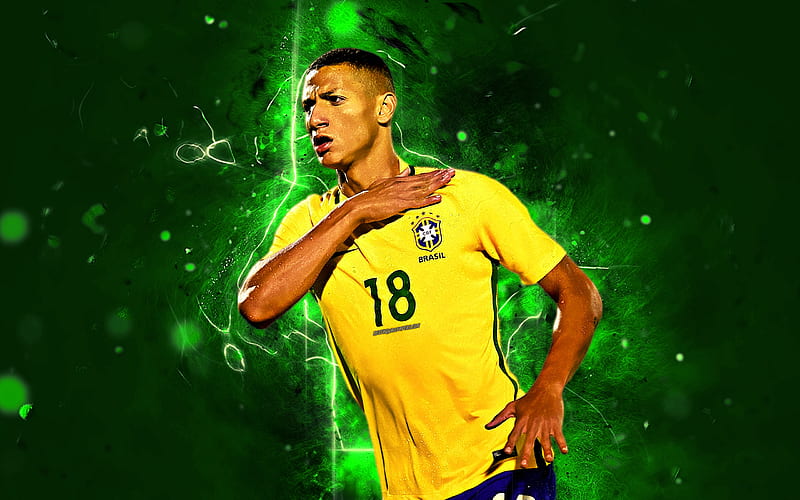 Richarlison, goal, Brazil National Team, football stars, Richarlison de Andrade, soccer, neon lights, Brazilian football team, HD wallpaper