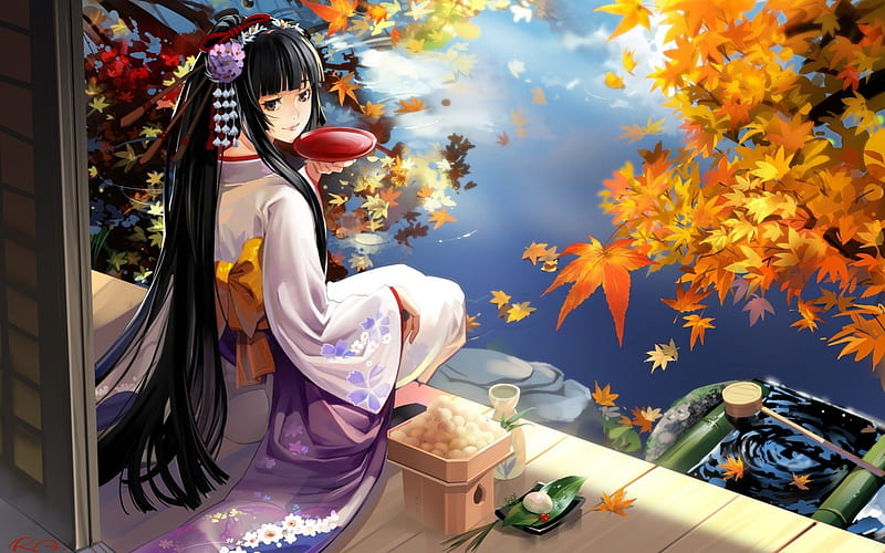 Girl in kimono, lovely, girl, anime, kimono, lake, leaf, HD wallpaper