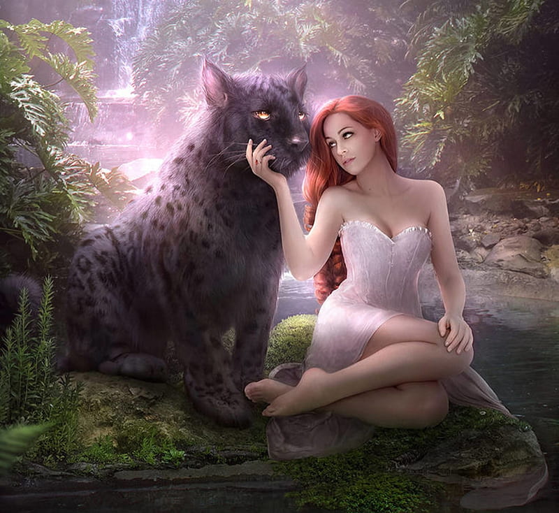 Beauty and the beast, fantasy, girl, luminos, redhead, black, cat, ileeni, panther, HD wallpaper