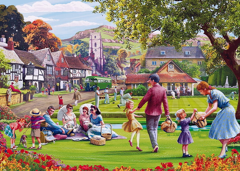 Picnic on The Green, inn, pub, cottage, flowers, village, church, picnic, bowls, HD wallpaper