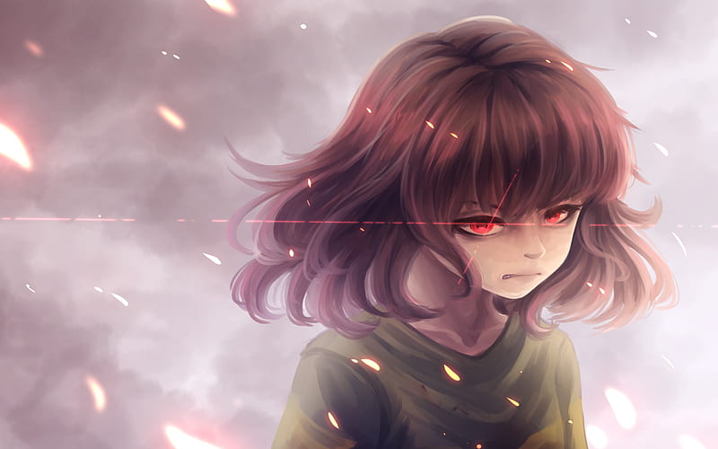 Chara, girl with red eyes, manga, Undertale, artwork, red rays, HD wallpaper