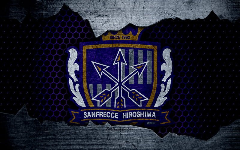 Sanfrecce Hiroshima logo, art, J-League, soccer, football club, FC Hiroshima, metal texture, HD wallpaper