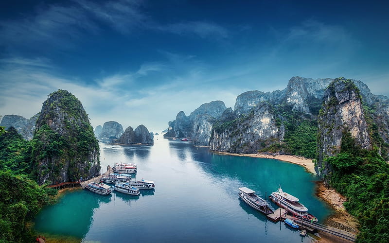 Halong Bay in Vietnam, rocks, marina, boats, Vietnam, bay, HD wallpaper