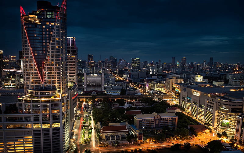 Bangkok, night, cityscape, skyscrapers, modern buildings, Bangkok skyline, Bangkok panorama, Thailand, HD wallpaper
