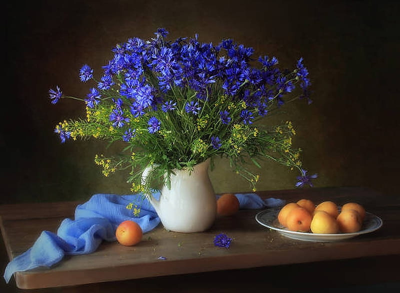 Still life with cornflowers, Jar, Still life, Cornflowers, Apricot, HD wallpaper