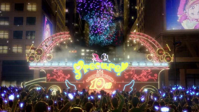 Night Concert, pretty, house, bonito, sweet, nice, pretty cure, anime, people, fireworks, neon, beauty, anime girl, sing, stage, singing, scenery, light, night, lovely, cure princess, neon light, coincert, building, crowd, girl, precure, dance, cure lovely, scene, HD wallpaper