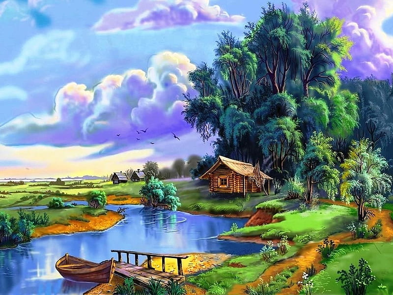Riverside, art, tree, cloud, painting, river, cabin, HD wallpaper
