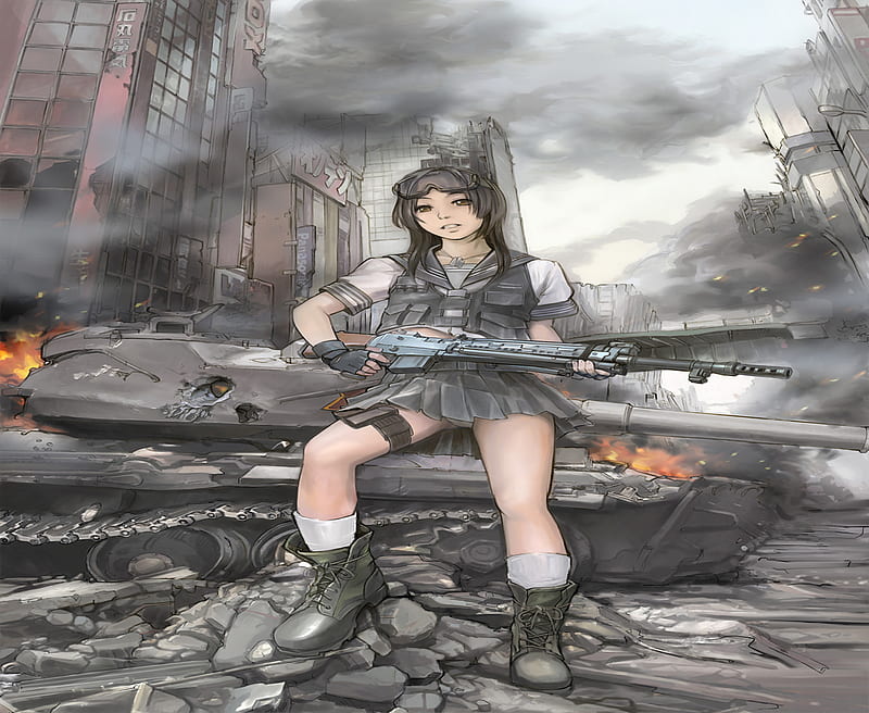 Soldier Girl, assault rifle, boots, tank, gun, anime girl, smoke, school  uniform, HD wallpaper | Peakpx