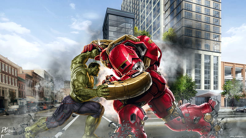 Hulk And Hulkbuster, hulk, hulkbuster, superheroes, digital-art, , artwork, HD wallpaper