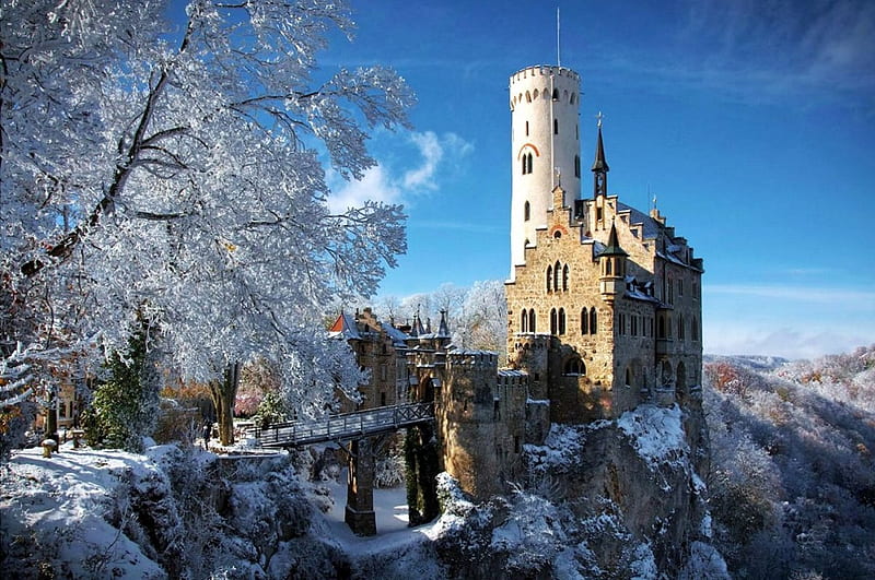 Castle Lichtenstein, Germany, snow, mountains, ice, trees, frozen, winter, landscape, HD wallpaper