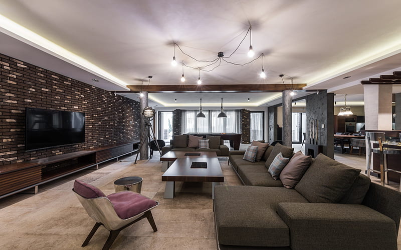 living room, stylish interior, Loft style interior, modern design, space, HD wallpaper