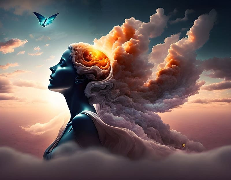 The soul leaves the body and goes to heaven, profile, art, fantasy, butterfly, luminos, girl, marion marino, cloud, HD wallpaper