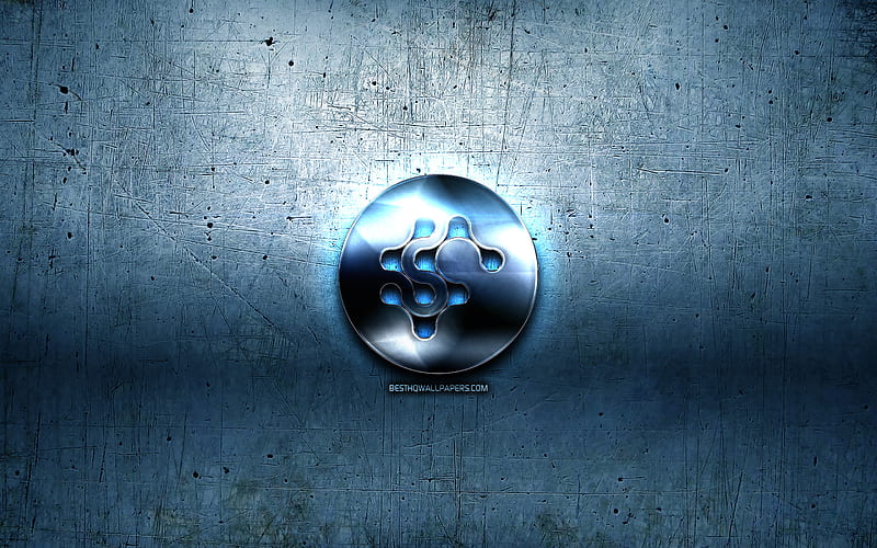 Synereo AMP metal logo, grunge, cryptocurrency, blue metal background, Synereo AMP, creative, Synereo AMP logo, HD wallpaper