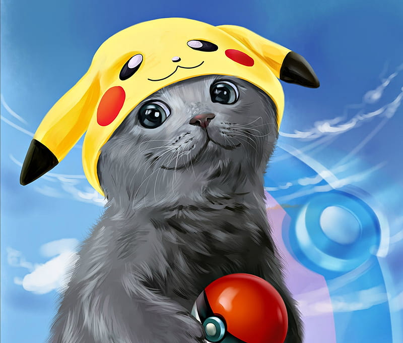 Kittenchu, red, art, lorri kajenna, luminos, yellow, cat, animal, cute, pokemon go, kitten, pisica, blue, HD wallpaper