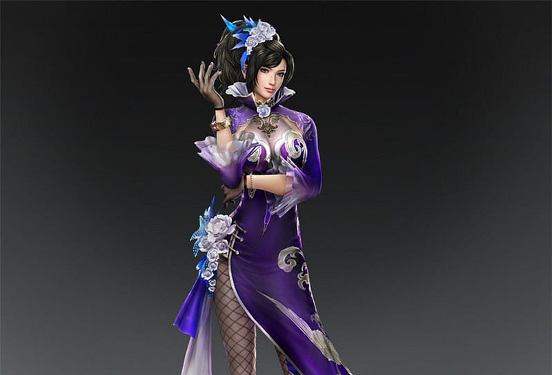 Zhen Ji, games, female, dark hair, cg, video games, dynasty warriors, girl, lone, plain background, HD wallpaper