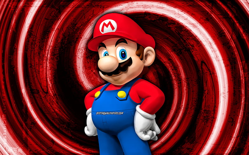 Mario, red grunge background, cartoon plumber, Super Mario, vortex, Super Mario characters, Super Mario Bros, Mario Super Mario, HD wallpaper