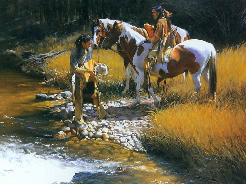 White Mans Hat, stream, sun, natives, morning, horses, HD wallpaper