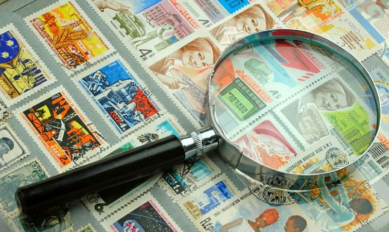 Stamps, Magnifying glass, Philately, Ephemera, HD wallpaper