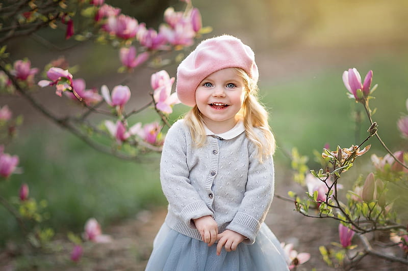 Cute little girl, magnolia, dress, olga tankova, spring, hat, cute, girl, flower, copil, child, pink, blue, HD wallpaper