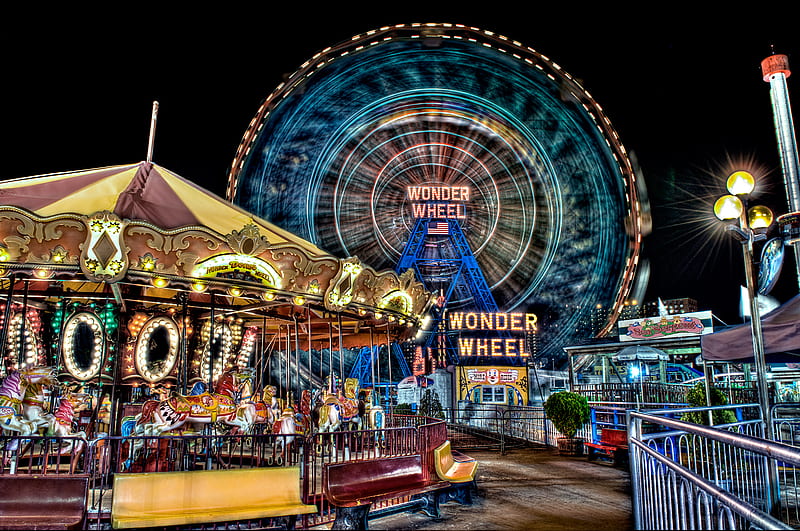 Wonder wheel, ferris wheel, carousel, carousel horse, lights, HD wallpaper
