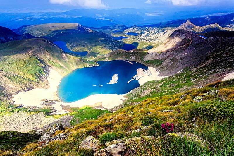The seven Rila lakes, Bulgaria, Rila, amazing, lovely, view, bonito, Bulgaria, sky, lake, mountain, wildflowers, slope, nature, landscape, HD wallpaper