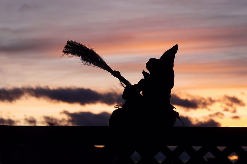 witch silhouette, witch, holiday, halloween, dusk, black, shadow, sunset, sky, clouds, seasonal, graphy, scary, nature, evening, pink, HD wallpaper