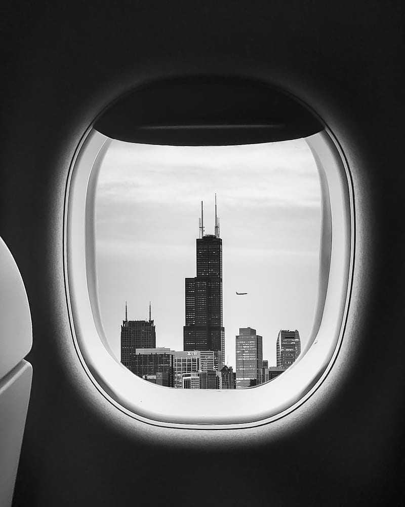 porthole, bw, airplane window, buildings, flight, HD phone wallpaper