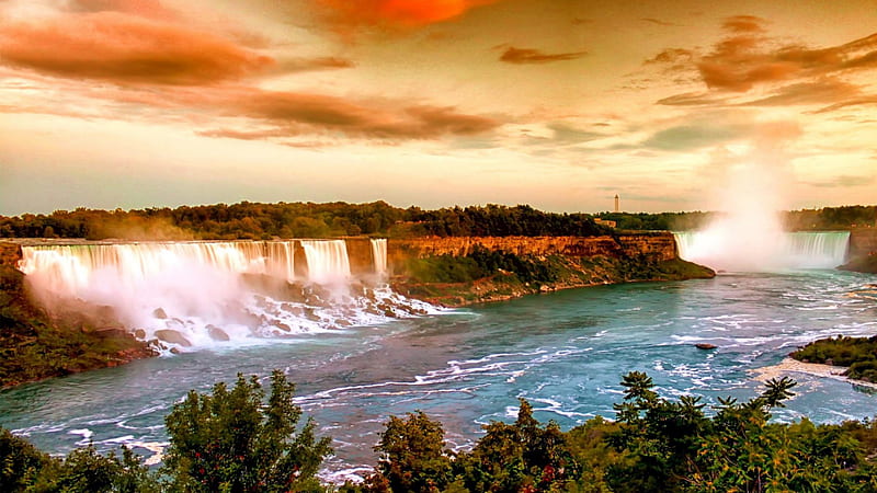 spectacular golden niagara falls r, cliffs, river, r, spray, clouds, waterfalls, HD wallpaper