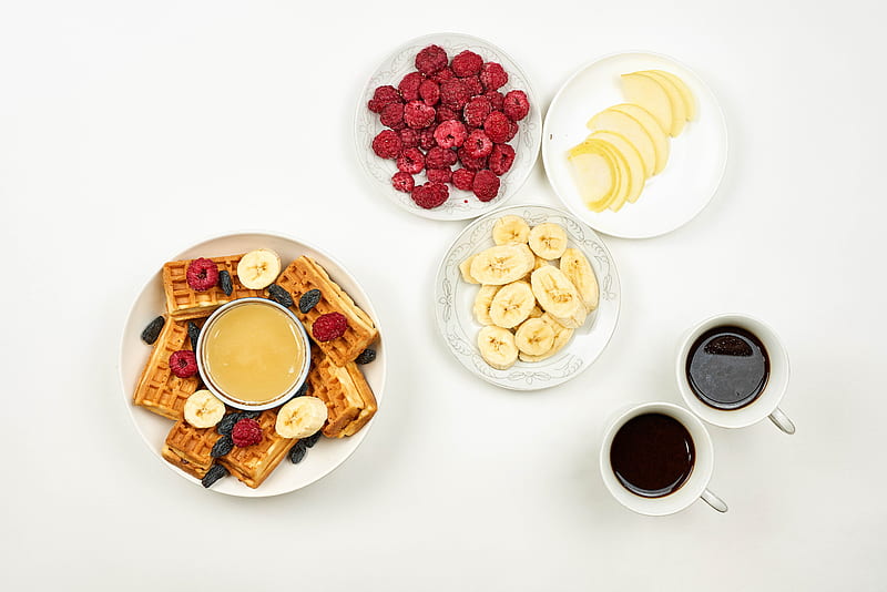 Food, Breakfast, Banana, Berry, Coffee, Cup, Fruit, Honey, Plate, Raspberry, Waffle, HD wallpaper