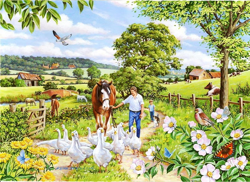 Goosey Gander, countryside, fence, flowers, path, man, trees, horse, artwork, HD wallpaper