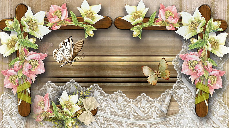A Touch of Class, panel, lace, flowers, butterflies, country, wood, HD wallpaper