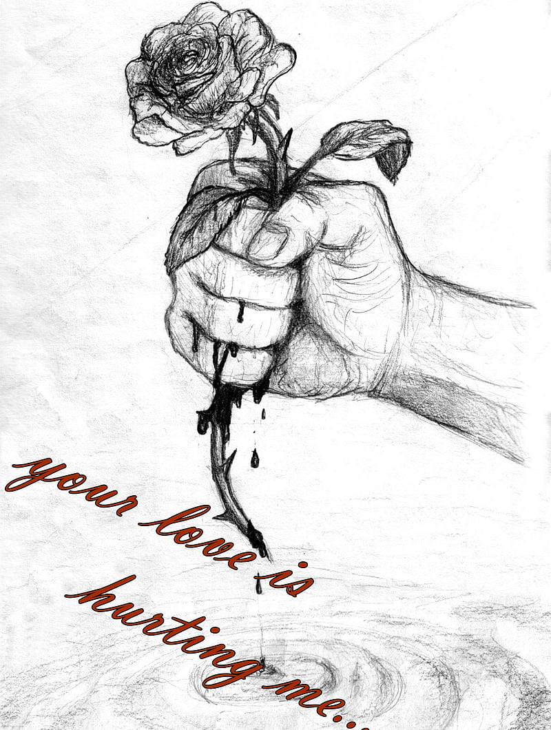 Love Hurts, blood, hurt, lonely, rose, sad, sketch, HD phone wallpaper