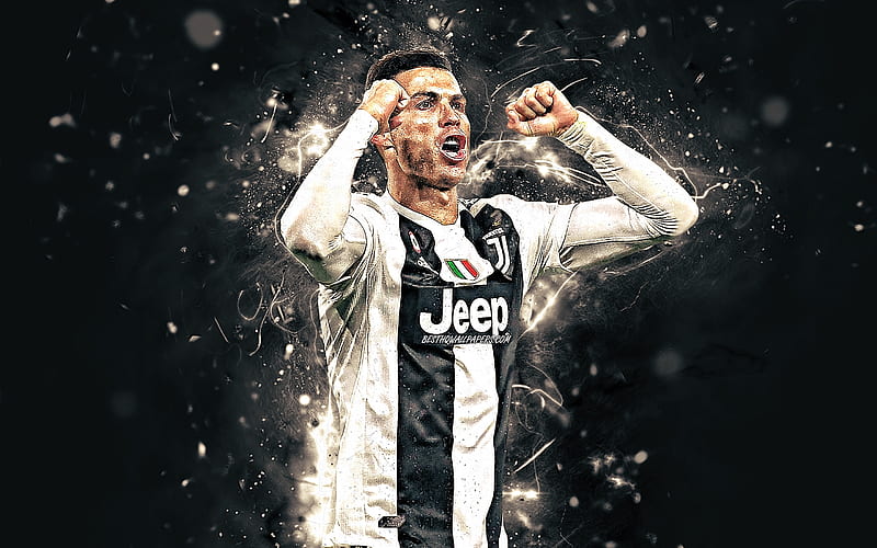 Cristiano Ronaldo, close-up, 2019, portuguese footballers, joy, Juventus FC, Italy, CR7 Juve, goal, Bianconeri, football stars, soccer, Serie A, neon lights, CR7, abstract art, HD wallpaper