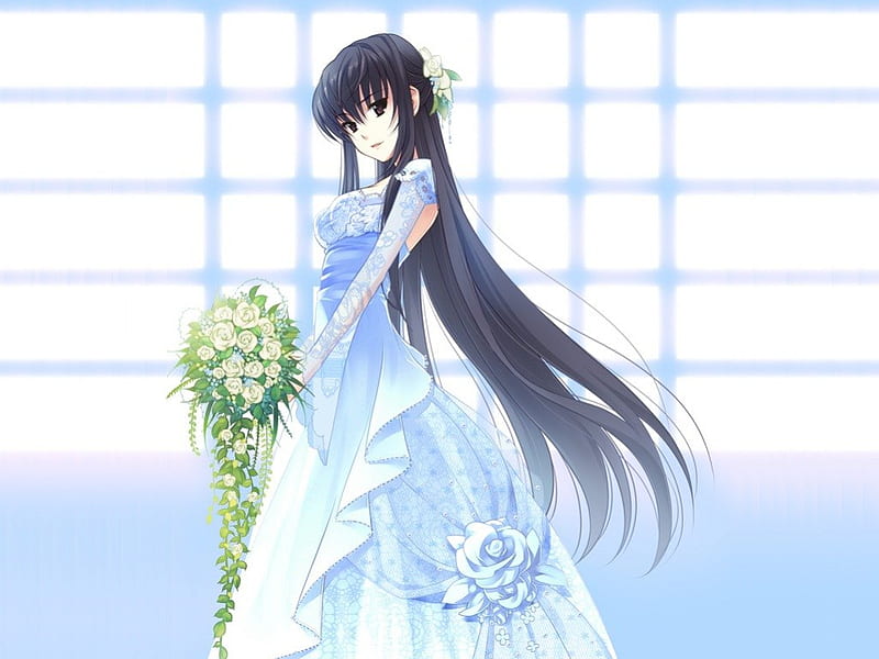 Beauty Full Bride, pretty, dress, bride, bonito, elegant, floral, sweet, nice, anime, hot, beauty, anime girl, long hair, gorgeous, wed, female, lovely, window, gown, sexy, wedding, plain, cute, girl, bouquet, flower, simple, white, HD wallpaper