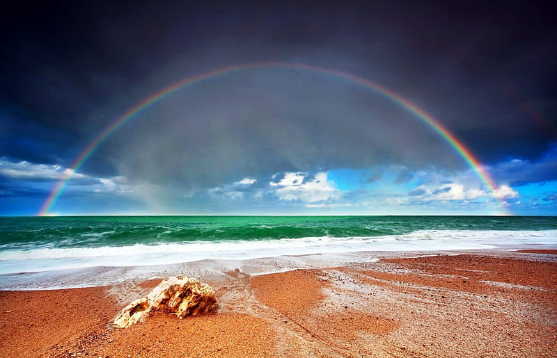 Rainbow Beach, France, beach, sand, bonito, rainbow, waves, Atlantic Ocean, dark sky, sea, HD wallpaper
