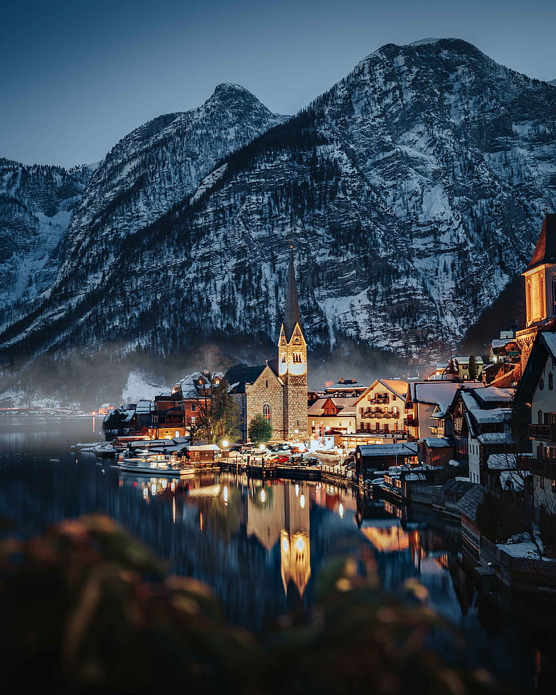 village, buildings, mountain, lake, reflection, HD phone wallpaper