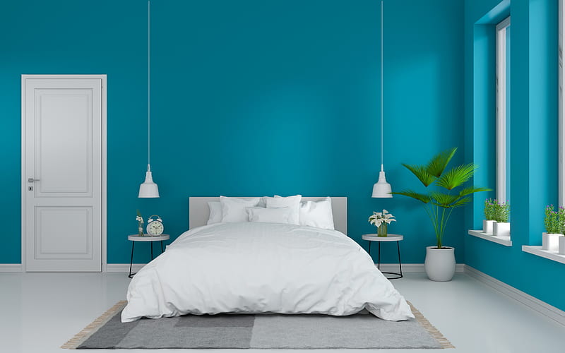 blue bedroom, modern interior design, turquoise bedroom, stylish interior, blue walls in the bedroom, HD wallpaper